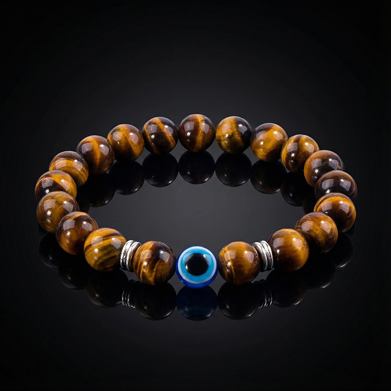 8mm Evil Eye Tiger's Eye Stone Stretch Bracelet