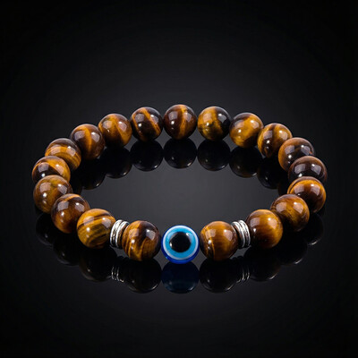 8mm Evil Eye Tiger's Eye Stone Stretch Bracelet
