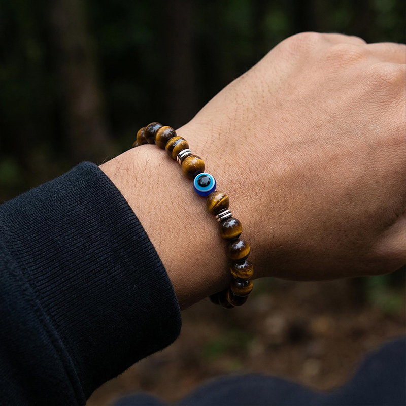 8mm Evil Eye Tiger's Eye Stone Stretch Bracelet
