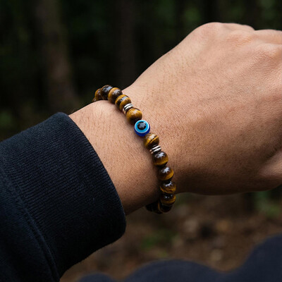 8mm Evil Eye Tiger's Eye Stone Stretch Bracelet