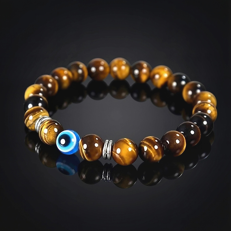 8mm Evil Eye Tiger's Eye Stone Stretch Bracelet
