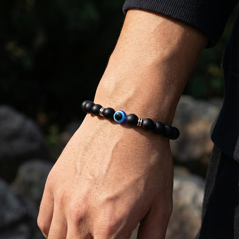 8mm Evil Eye Tiger's Eye Stone Stretch Bracelet