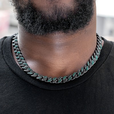 Iced 12mm Handset Emerald & Black Stones Cuban Chain in Black Gold