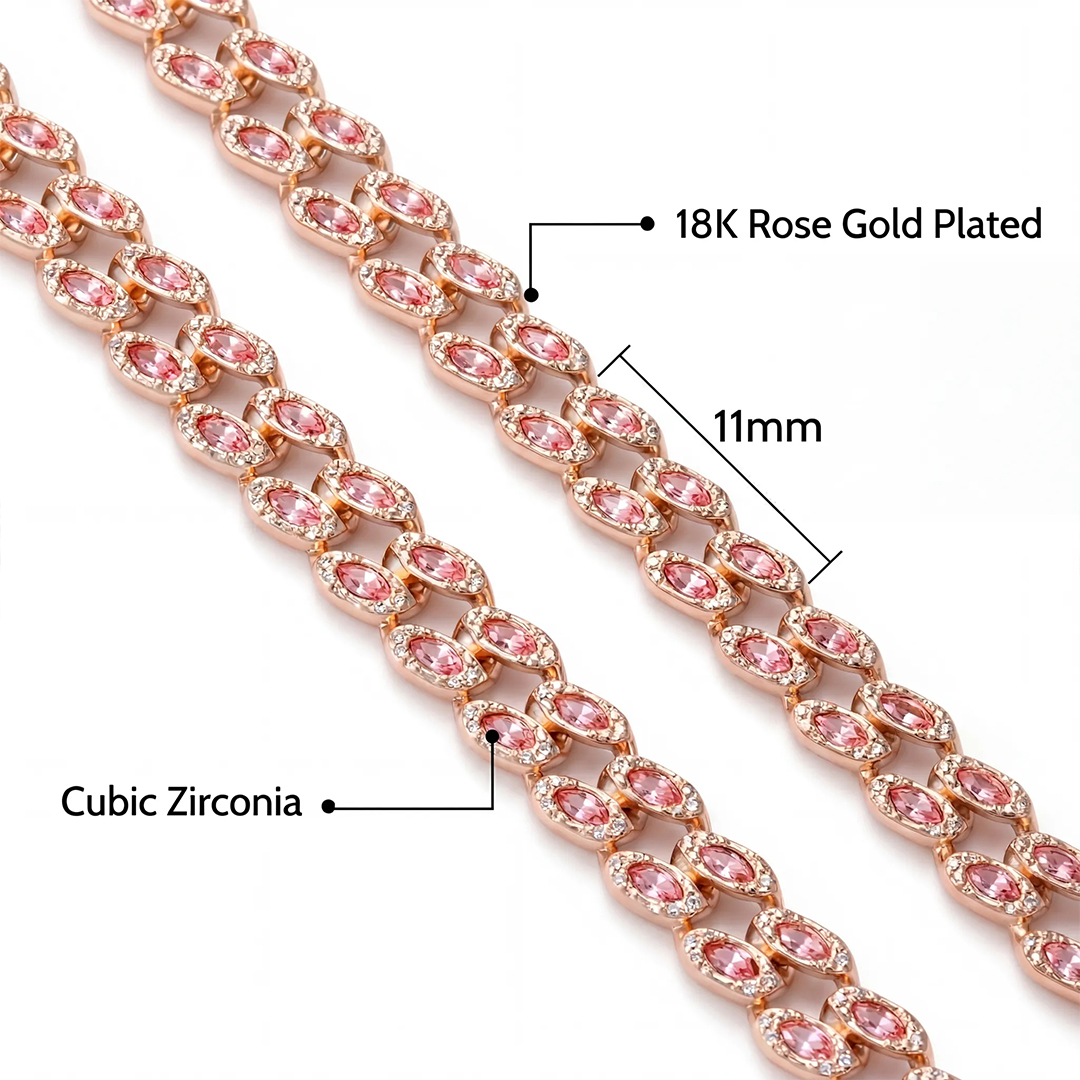 11mm Pink Marquise Cut Cuban Chain in Rose Gold