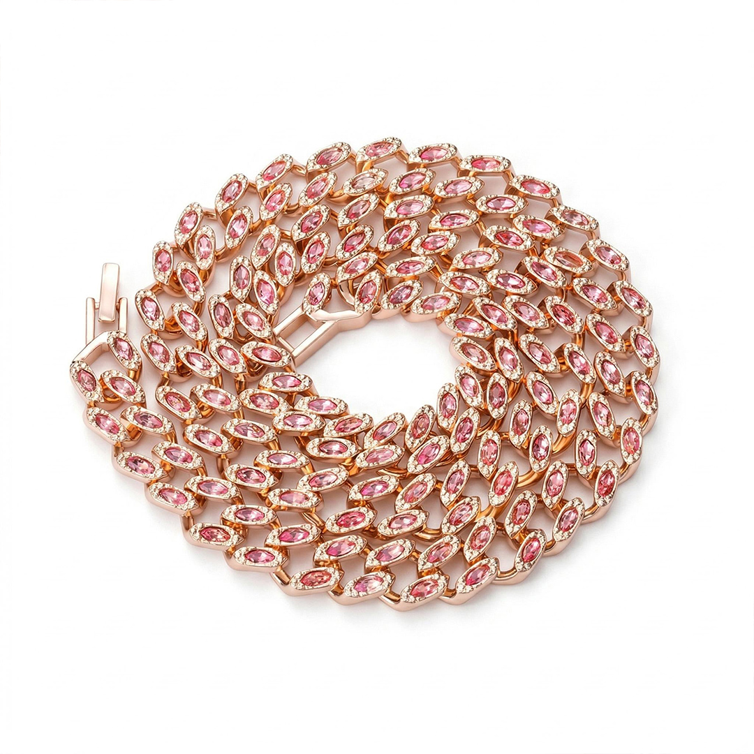 11mm Pink Marquise Cut Cuban Chain in Rose Gold