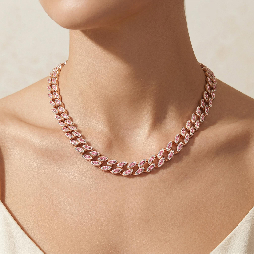 11mm Pink Marquise Cut Cuban Chain in Rose Gold