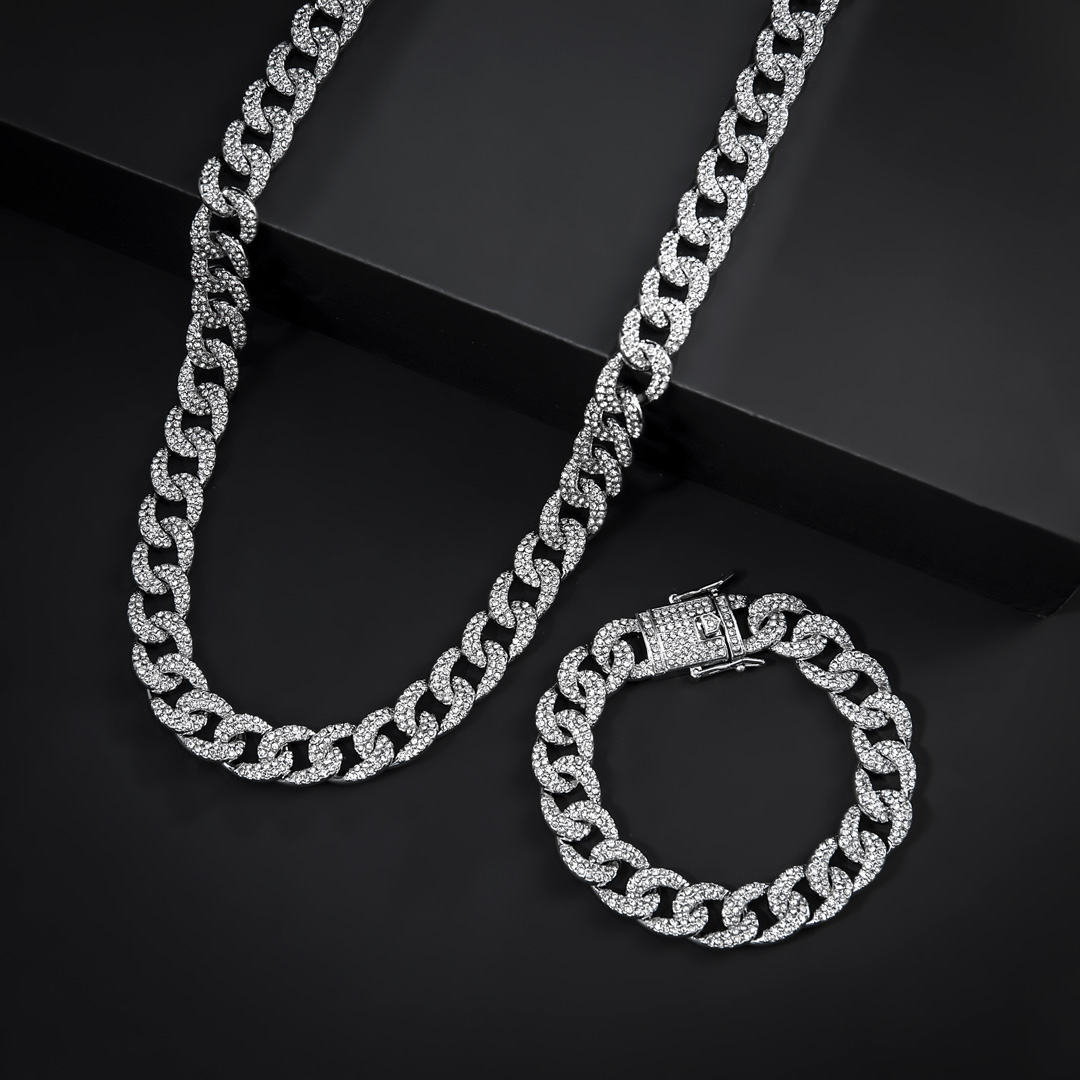12mm Iced Curb Chain in White Gold