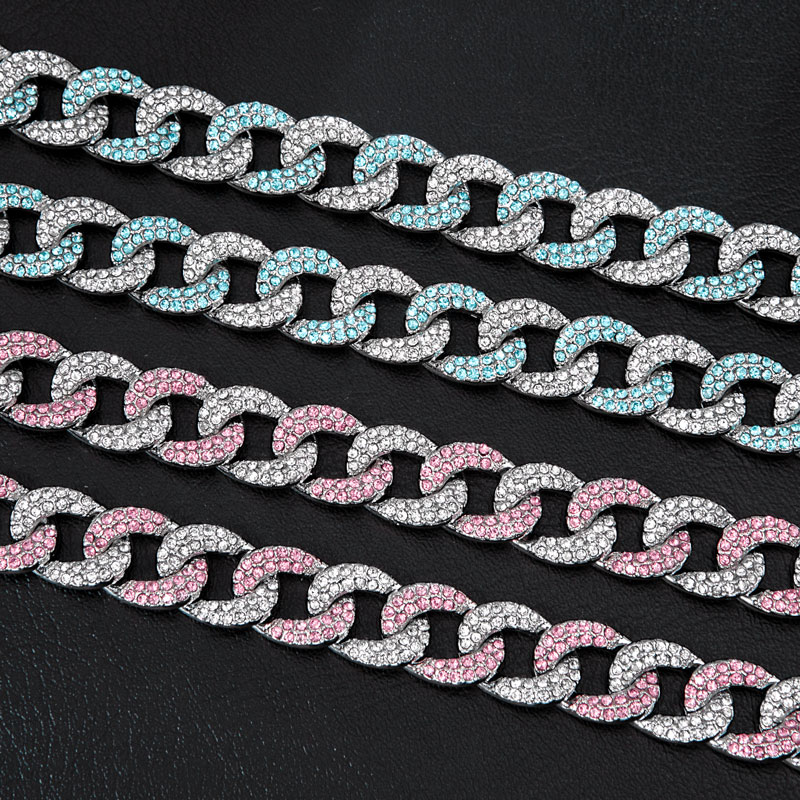 12mm Iced Blue/Pink Curb Chain in White Gold