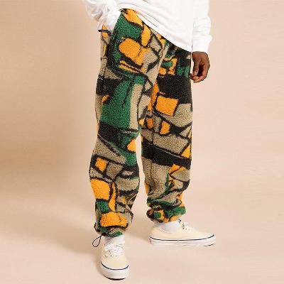 High Street Printed Color Block Hip Hop Polar Fleece Casual Pants