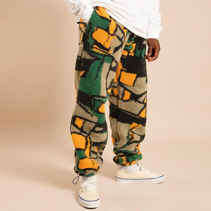 High Street Printed Color Block Hip Hop Polar Fleece Casual Pants
