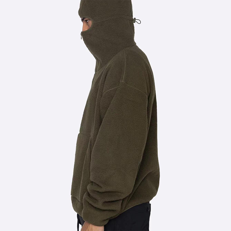 Casual Solid Color Half Zip Fluffy Fleece Mask Hoodie
