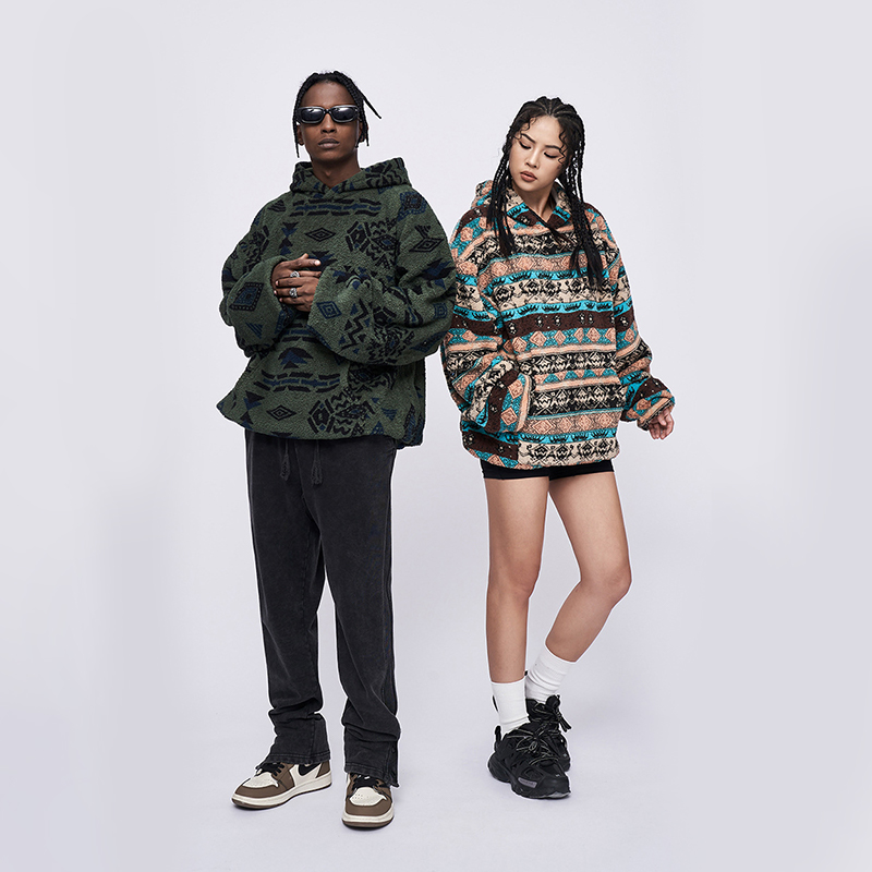 Ethnic Western Aztec Print Fleece Kangaroo Pocket Pullover Hoodie