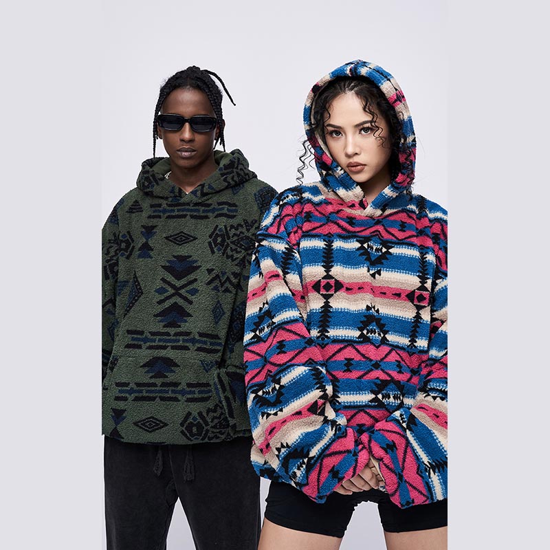 Ethnic Western Aztec Print Fleece Kangaroo Pocket Pullover Hoodie