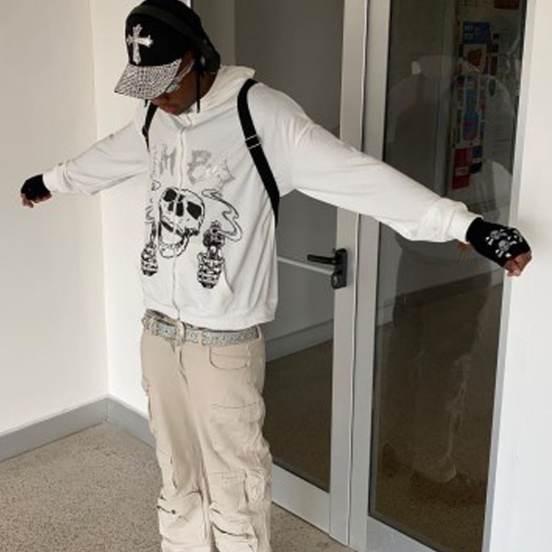 Full Zip Skull Print Hoodie