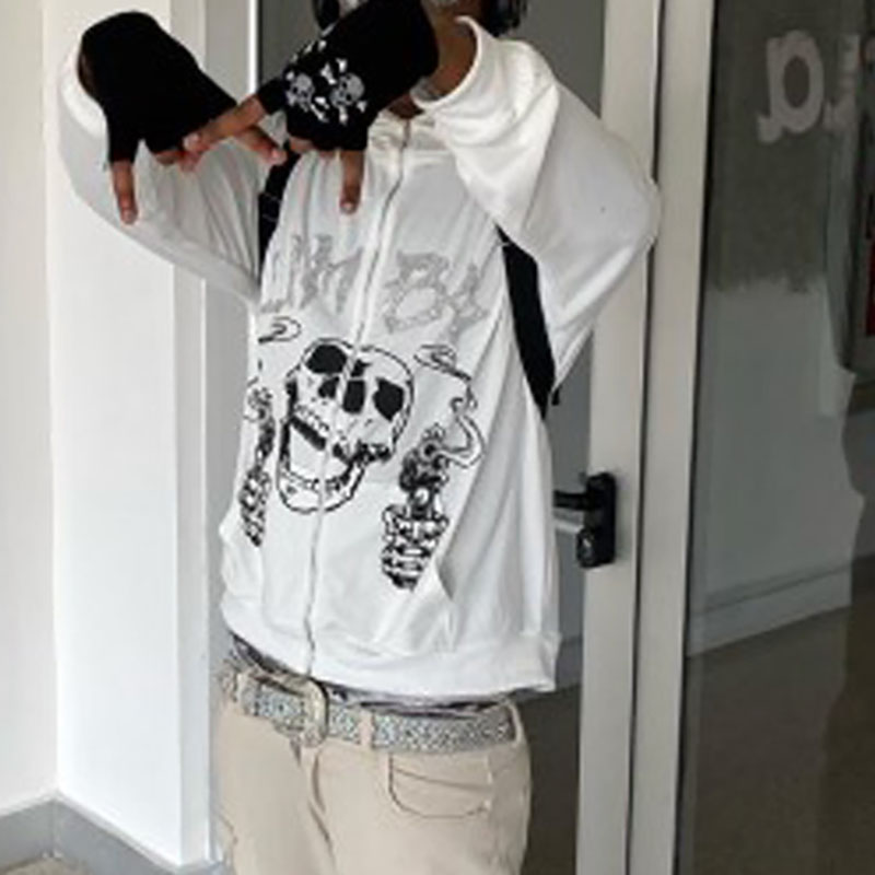 Full Zip Skull Print Hoodie