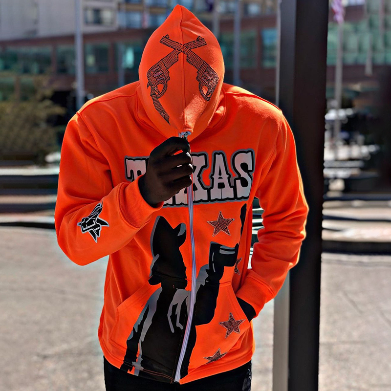 Orange Texas Print Zip Hoodie