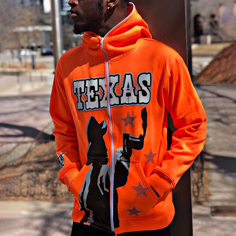 Orange Texas Print Zip Hoodie