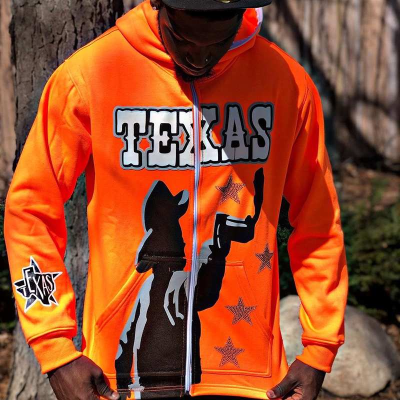 Orange Texas Print Zip Hoodie - Helloice Apparel