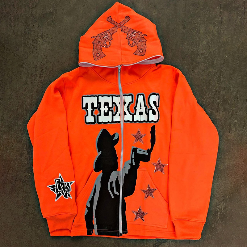 Orange Texas Print Zip Hoodie