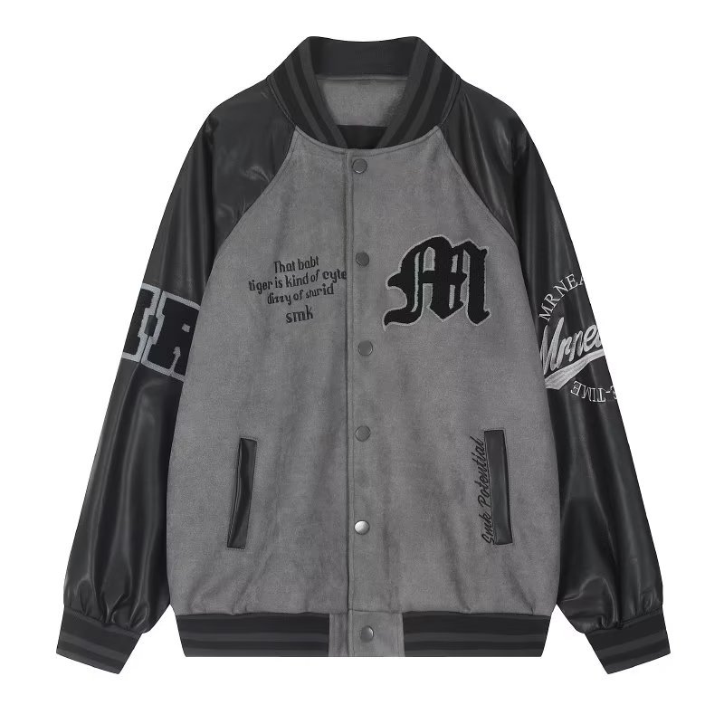 Retro Contrast Color High Street Embroidered Baseball Jacket