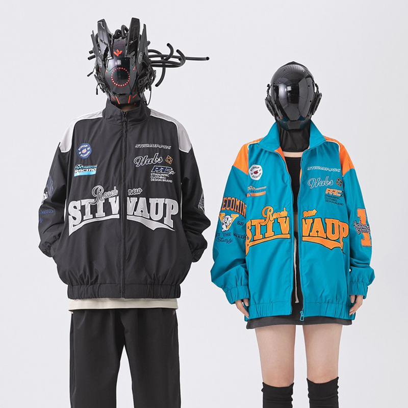 Embroidered Color-block Stand Collar Biker Jacket