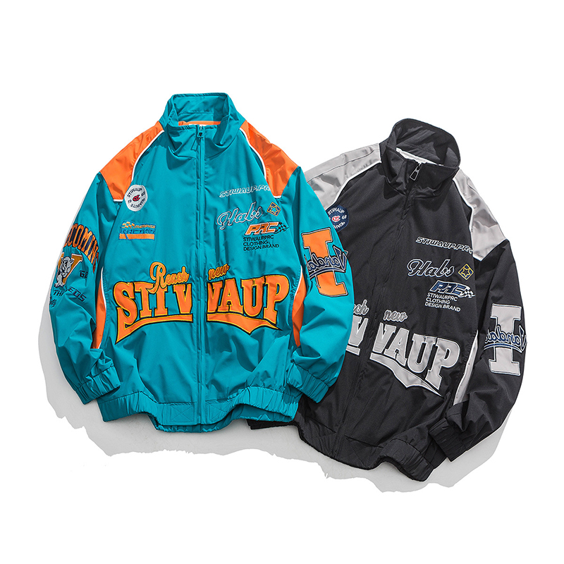 Embroidered Color-block Stand Collar Biker Jacket