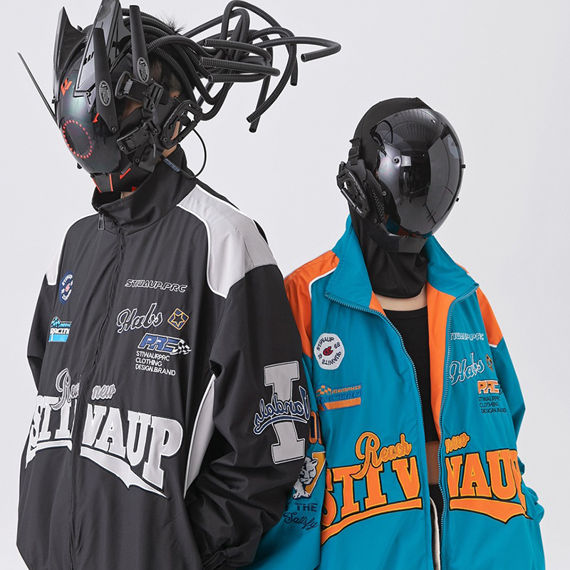 Embroidered Color-block Stand Collar Biker Jacket