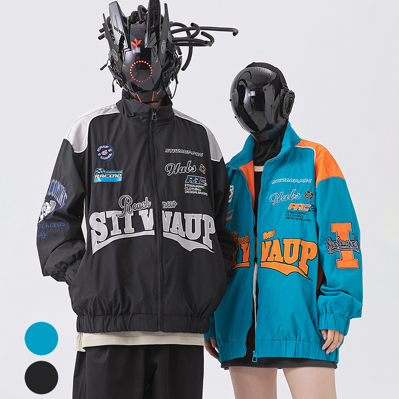 Embroidered Color-block Stand Collar Biker Jacket