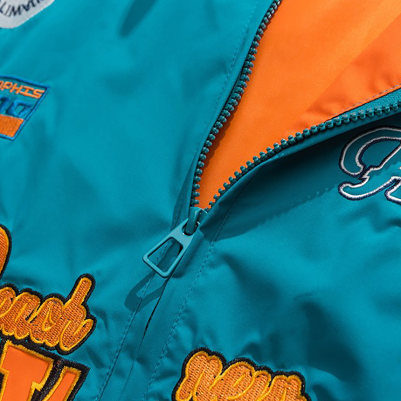 Embroidered Color-block Stand Collar Biker Jacket