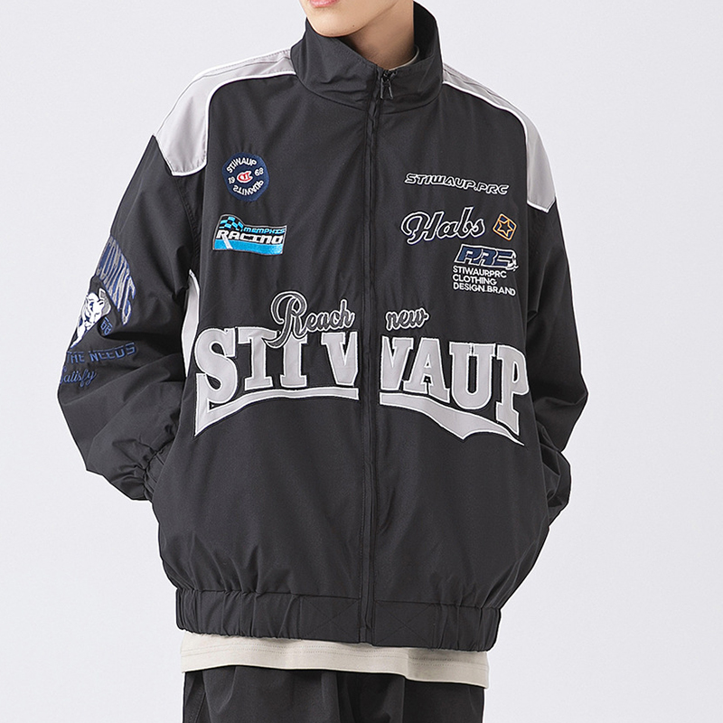 Embroidered Color-block Stand Collar Biker Jacket