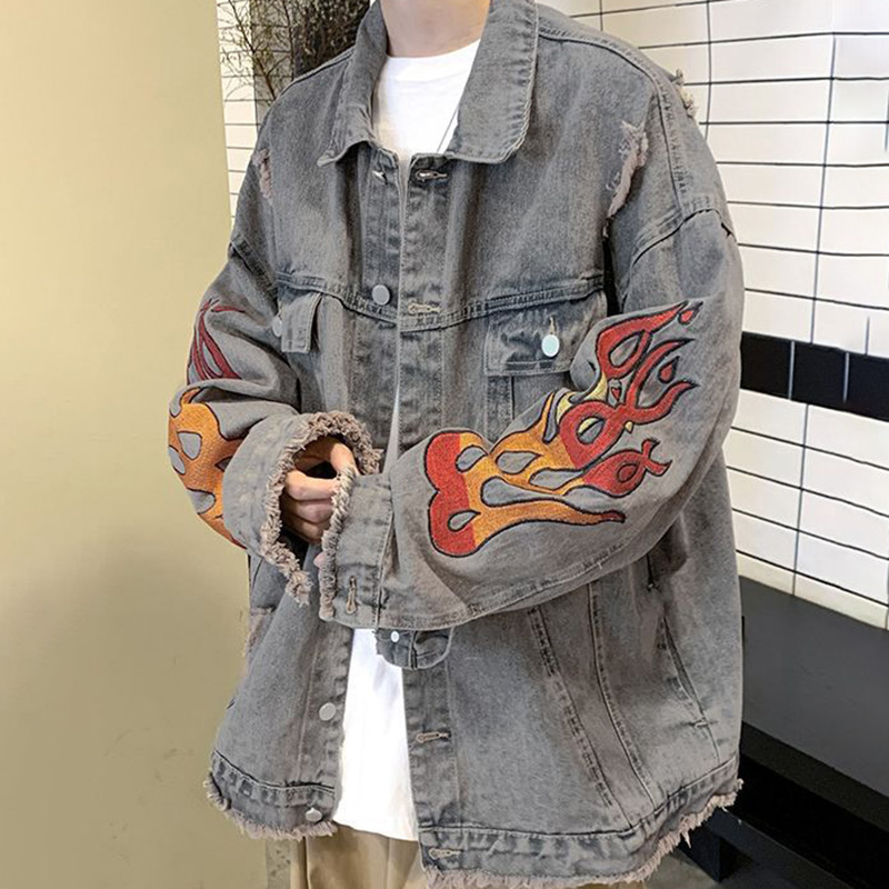 Flame Embroidered Denim Jacket - Helloice Apparel