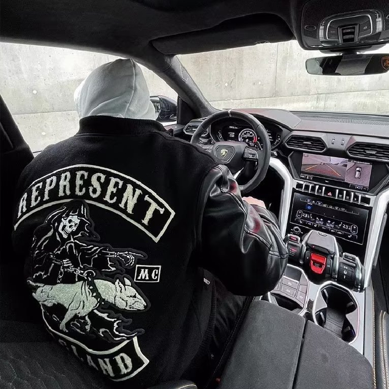 Vicious Dog Embroidered Leather Sleeve Motorcycle Jacket