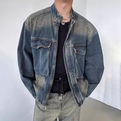 Nostalgic Blue Retro Loose Large Pocket Stand Collar Denim Jacket