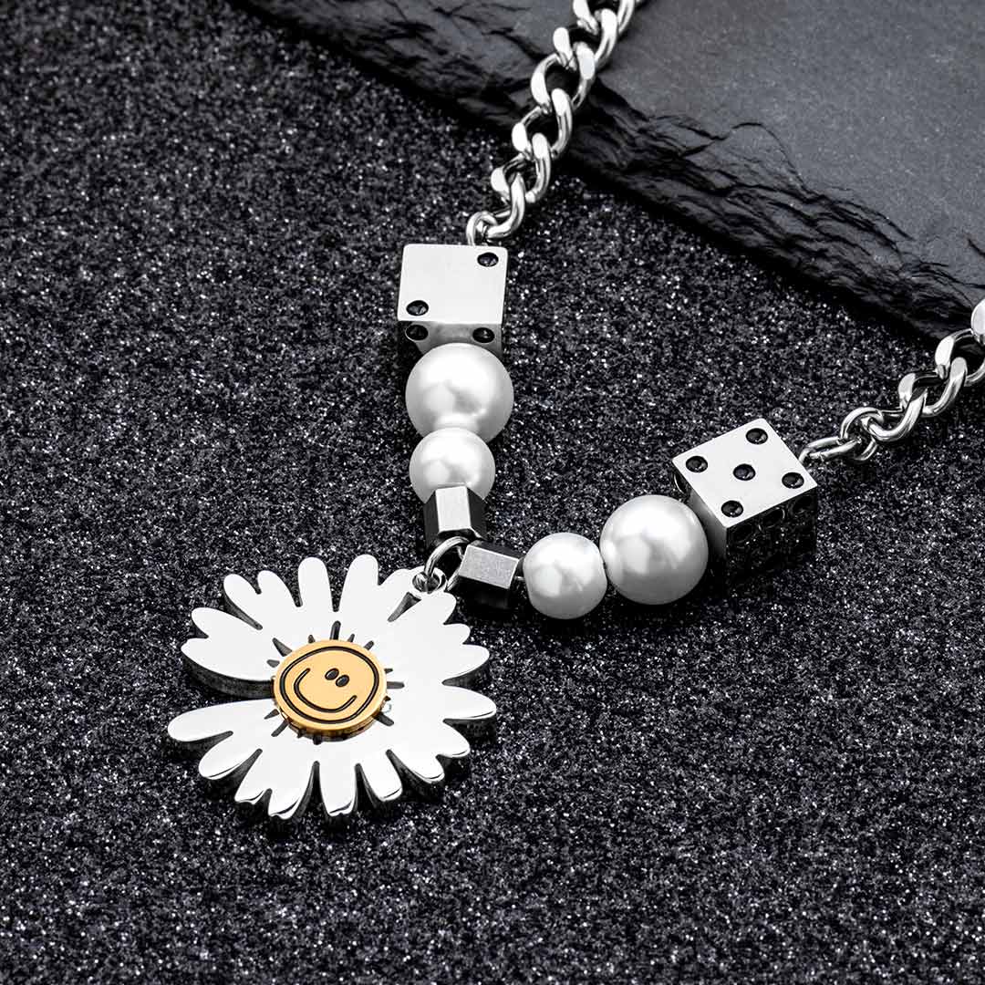 Dice Pearl Daisies Stainless Steel Necklace