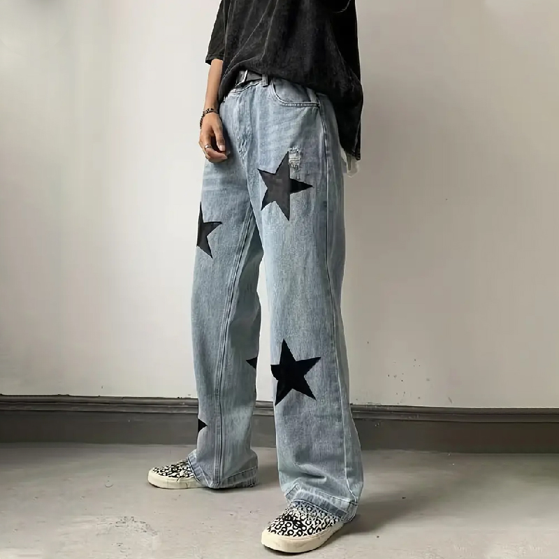Chic Star Pattern Straight-Leg Jeans