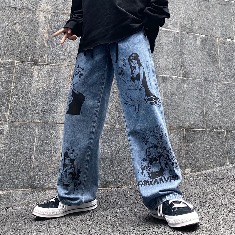 Street Hip-Hop Retro Two-Dimensional Cartoon Print Jeans