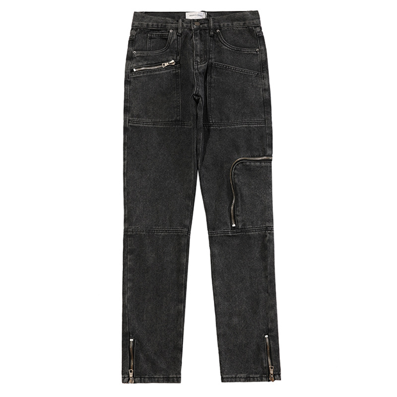 High Street Washed Distressed Zippered Jeans