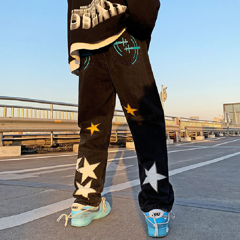 Personalized Five-Pointed Star Embroidered Jeans