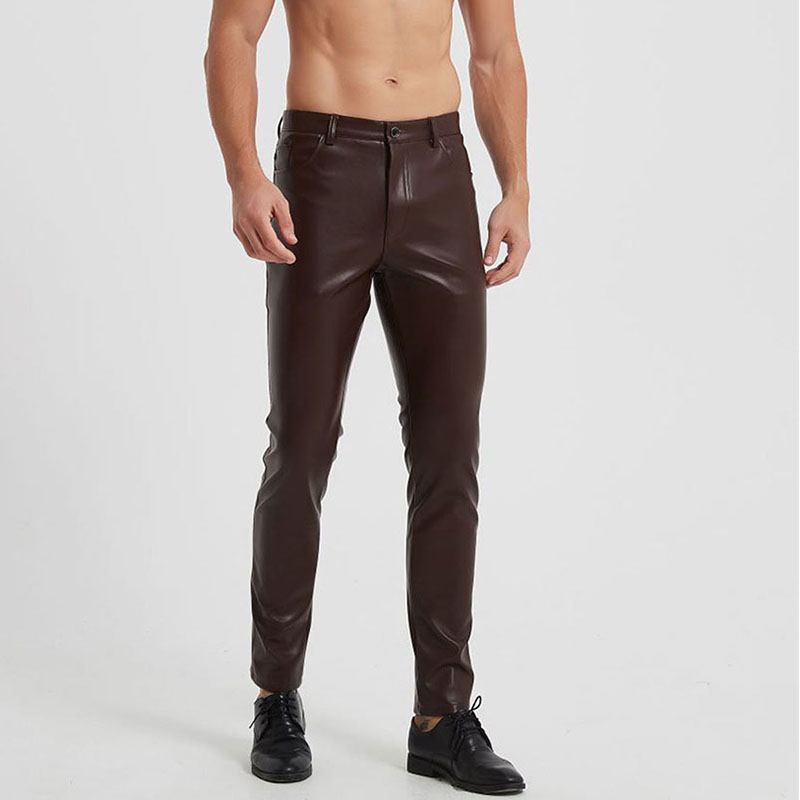 Brown Solid Color Motorcycle Leather Pants