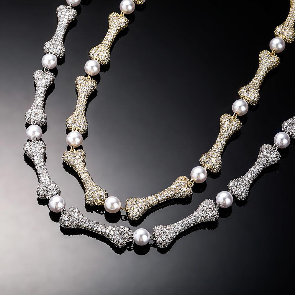 Micro Paved Bone Interlaced Pearl Necklace