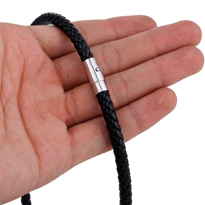  4mm/6mm/7mm Men's Black Braided Rope Leather Necklace Choker with Magnetic Clasp