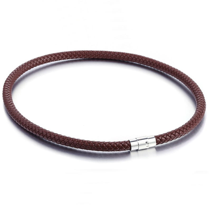 4mm/6mm/7mm Men's Brown Braided Rope Leather Necklace Choker with Magnetic Clasp