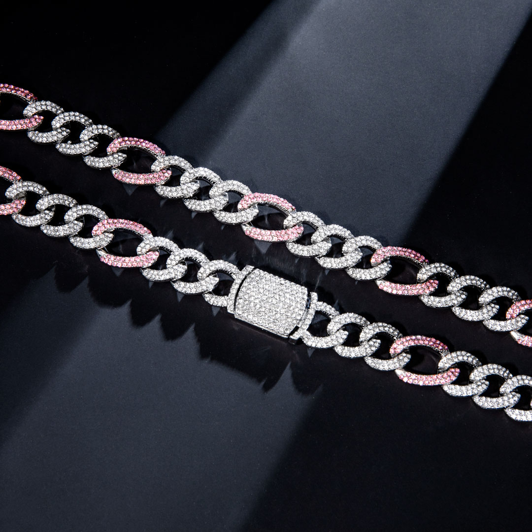 13mm Pink Iced Figaro Chain in White Gold