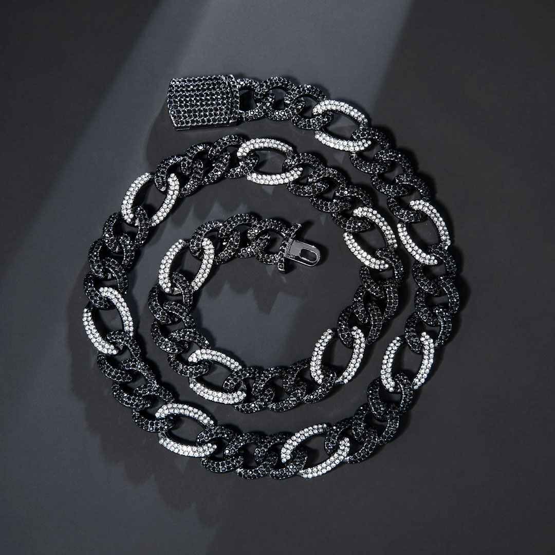 13mm White&Black Iced Figaro Chain in Black Gold
