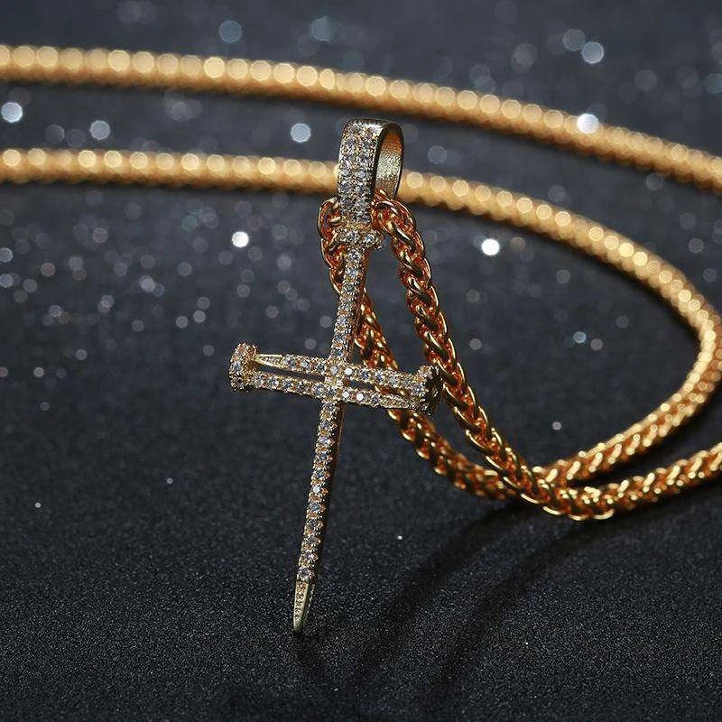 Iced Nail Cross Pendant in Gold