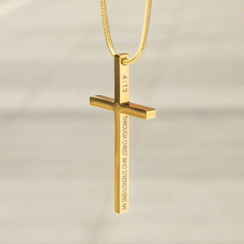 4:13 "I CAN DO ALL THINGS" Steel Cross Pendant in Gold