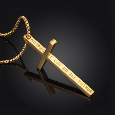4:13 "I CAN DO ALL THINGS" Steel Cross Pendant in Gold