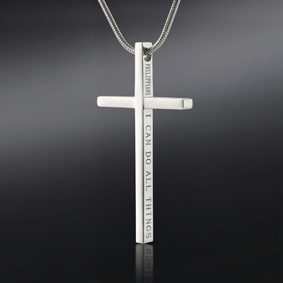 4:13 "I CAN DO ALL THINGS" Steel Cross Pendant in White Gold
