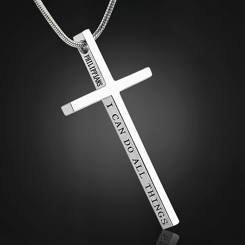 4:13 "I CAN DO ALL THINGS" Steel Cross Pendant in White Gold