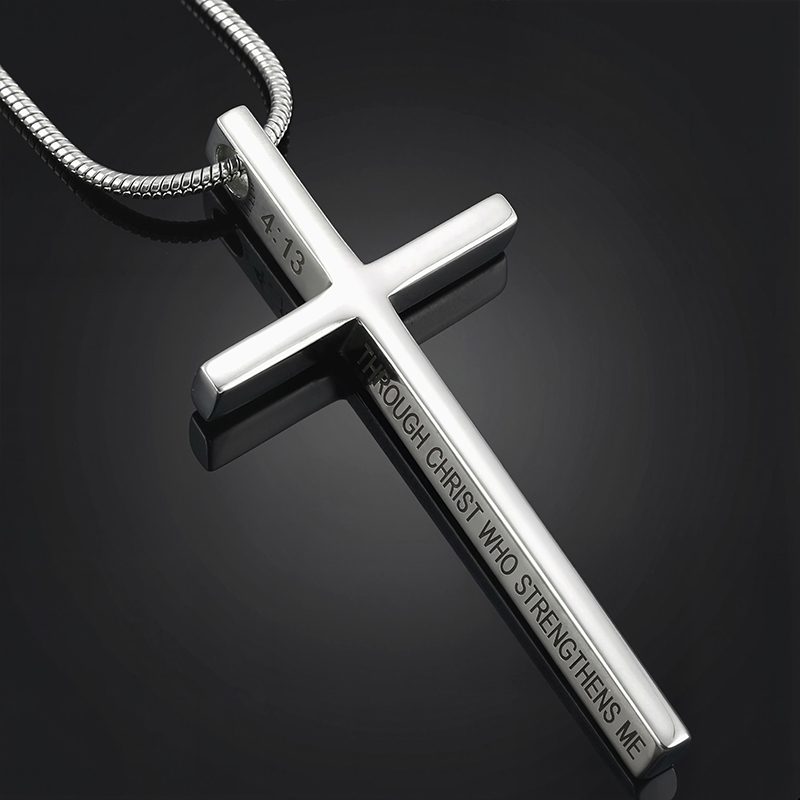 4:13 "I CAN DO ALL THINGS" Steel Cross Pendant in White Gold